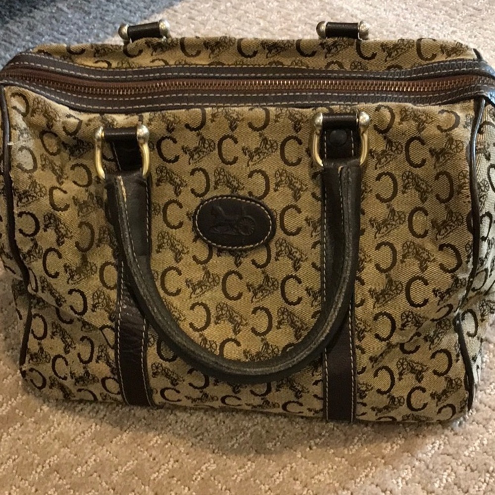 Vintage Celine Boston Bag Signature Canvas w/ Dark Brown Leather Trim EUC